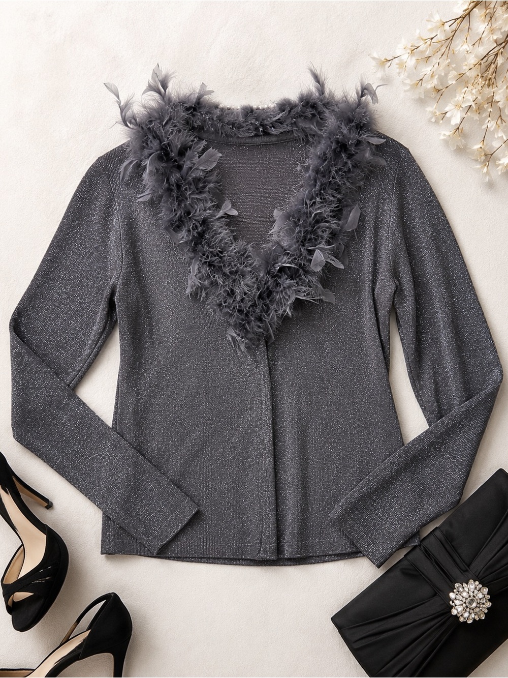 Gray‎ Metallic Silk Feather Trim Hook & Eye Cardigan Size Large Y2K Glam